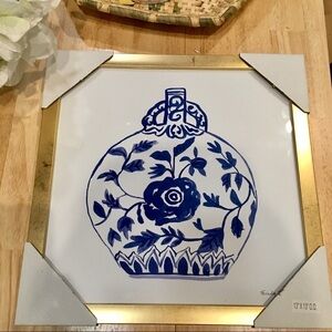 FARIDA ZAMAN ART blue floral vase in gold frame. 13 by 13